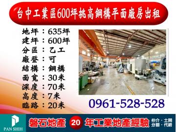  台中工業區600坪挑高鋼構廠房｜大馬路旁・重工業首選